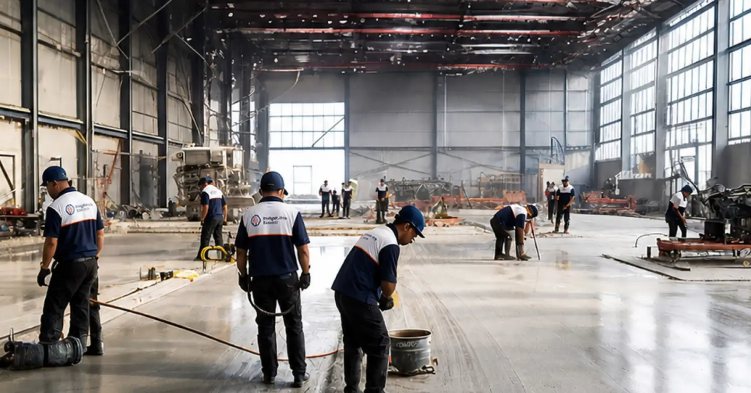 Team restoring an industrial hall floor